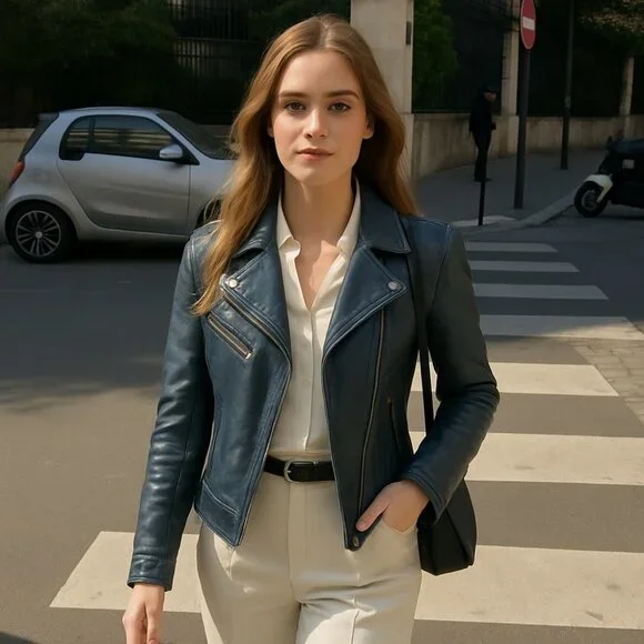 SOLD Mauritius Lamb Leather Moto Jacket Denim Blue - Picture 2 of 16